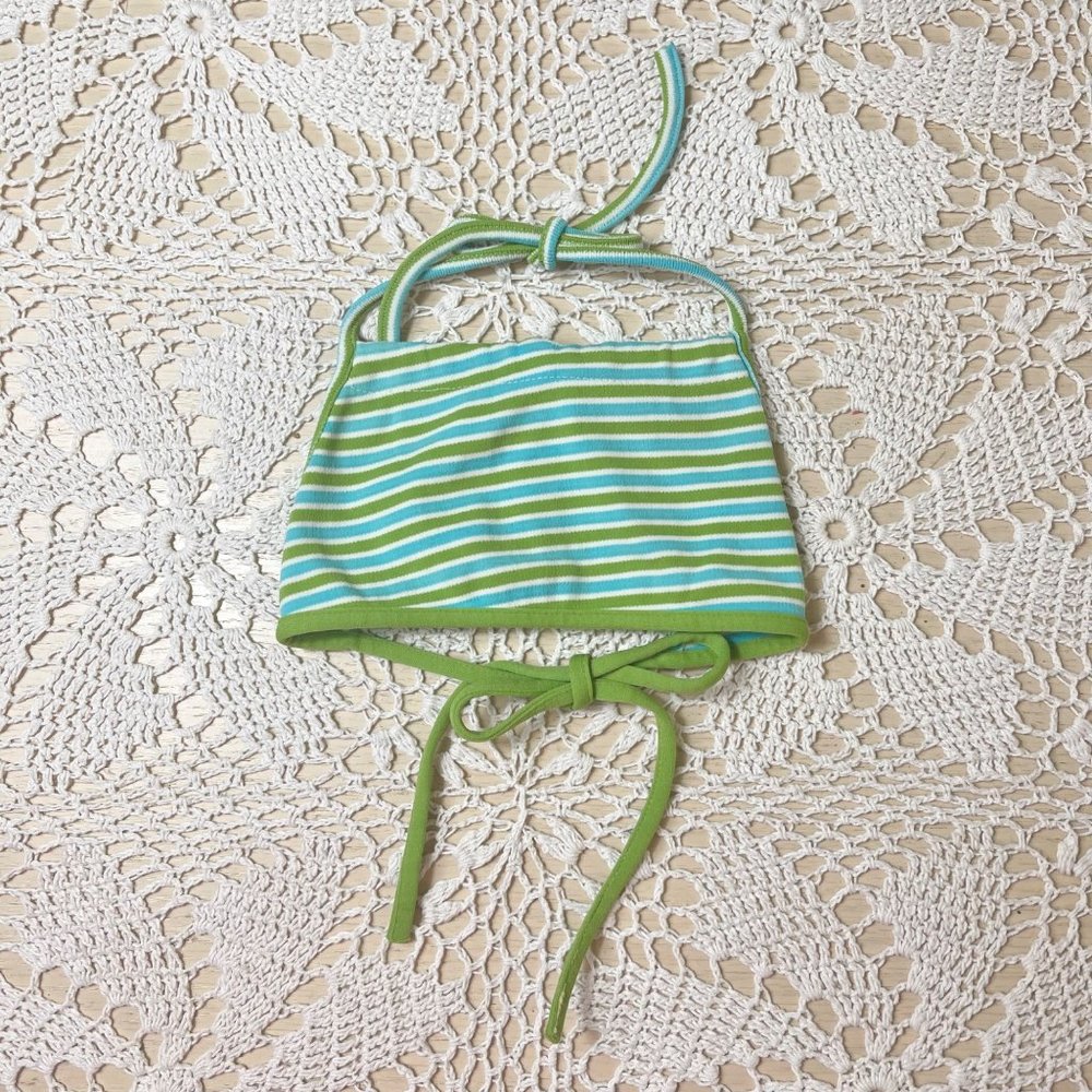 Vintage 1980s Girls 4T Green Striped Tie Back Halter Crop Top